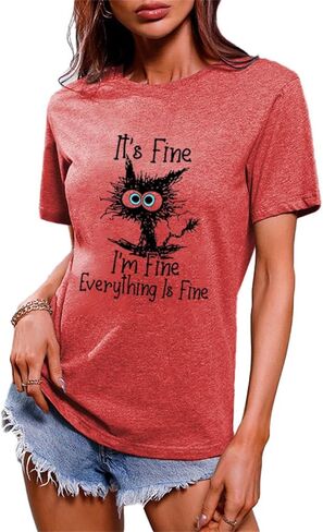 Funny Cat T Shirts for Women Everything is Fine Graphic Tees Casual Short Sleeve Summer Tops Crewneck Shirt in Saudi Arabia