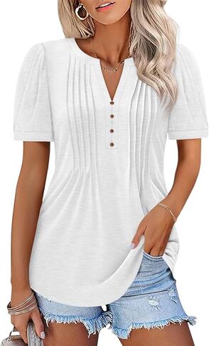 Women's Pleated V Neck T Shirts Puff Short Sleeve Tops Henley Business Casual Summer Blouses in Saudi Arabia