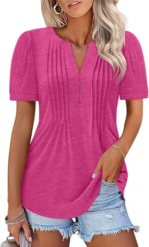 Women's Pleated V Neck T Shirts Puff Short Sleeve Tops Henley Business Casual Summer Blouses in Saudi Arabia
