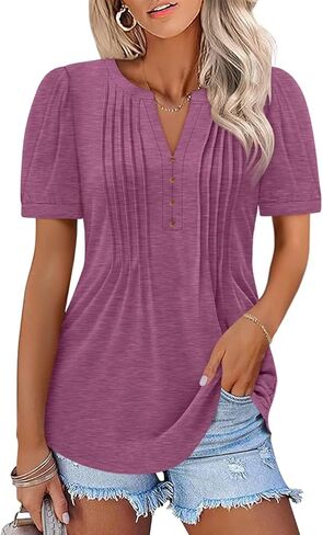 Women's Pleated V Neck T Shirts Puff Short Sleeve Tops Henley Business Casual Summer Blouses in Saudi Arabia