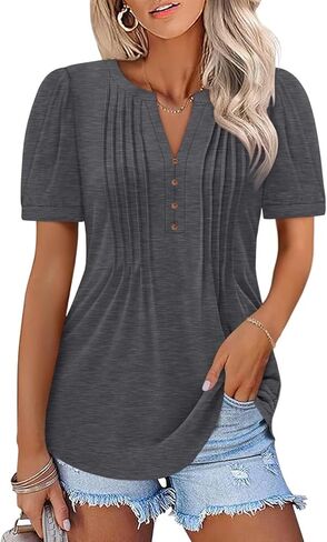 Women's Pleated V Neck T Shirts Puff Short Sleeve Tops Henley Business Casual Summer Blouses in Saudi Arabia