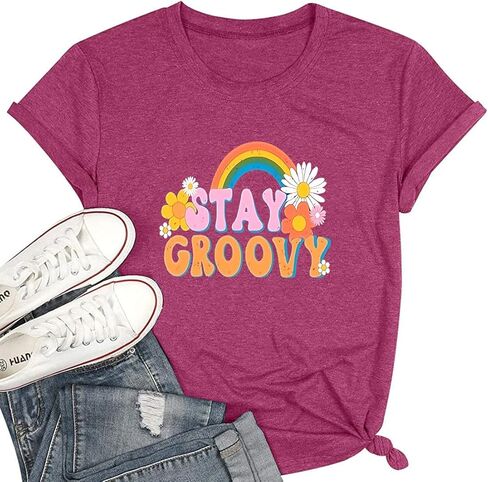 Women's Retro Hippie Style Stay Groovy Floral Pattern Shirt Hippie 70s Elements Short Sleeved Casual top in Saudi Arabia
