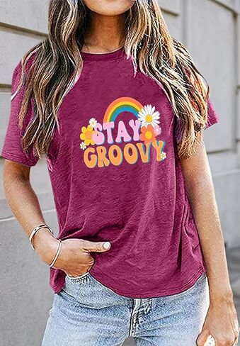 Women's Retro Hippie Style Stay Groovy Floral Pattern Shirt Hippie 70s Elements Short Sleeved Casual top in Saudi Arabia