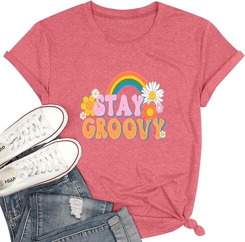 Women's Retro Hippie Style Stay Groovy Floral Pattern Shirt Hippie 70s Elements Short Sleeved Casual top in Saudi Arabia