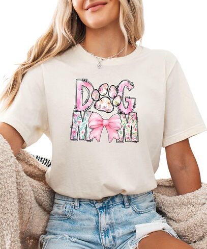 Floral DOG MOM T-Shirt – Cute Pet Lover Graphic Tee, Boho Paw Print Shirt with Bow, Gift for Dog Moms in Saudi Arabia