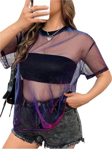 SOLY HUX Women's Plus Size Metallic Sheer Mesh Tops Short Sleeve T Shirt See Through Clubwear Tee in Saudi Arabia