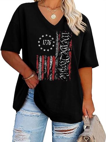 Plus Size V-Neck 4th of July T Shirt Women Distressed American Flag Graphic Tees Casual Loose Patriotic Shirts Tops in Saudi Arabia