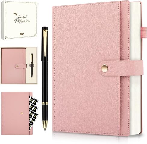 دفتر ملاحظات جلدي مبطن مقاس A5، مجموعة دفتر يوميات بغلاف مقوى مع قلم وعلامات تبويب مؤشرة شهرية وصندوق هدايا، 320 صفحة ورق سميك 100 جرام في المتر المربع، مذكرات يومية سميكة، مجلة للنساء والرجال والمدرسة والسفر والعمل (وردي) in Kuwait