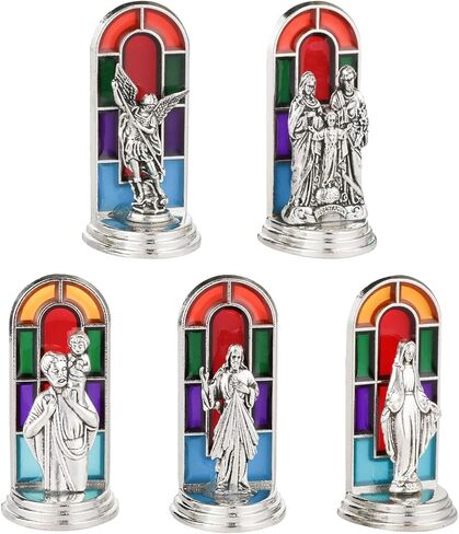 5 قطع تماثيل صغيرة مزيج سانت كريستوفر سانت مايكل العائلة المقدسة الرحمة الإلهية سيدة سيدة دينية تمثال أيقونة نافذة الكنيسة الملون خلفية ديكور المنزل زخرفة السيارة مع قاعدة قابلة لللصق in Kuwait