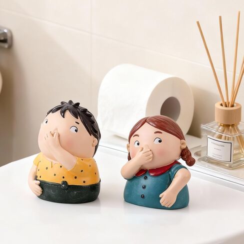 Funny Bathroom Decor Boy and Girl Holding Nose Statue Set,Humorous Toilet Shelf Decor,Cute Conversation Starter Figurines,Unique Gag Gift for Housewarming,4.3-Inch Tall (Yellow Blue) in Kuwait