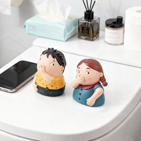 Funny Bathroom Decor Boy and Girl Holding Nose Statue Set,Humorous Toilet Shelf Decor,Cute Conversation Starter Figurines,Unique Gag Gift for Housewarming,4.3-Inch Tall (Yellow Blue) in Kuwait