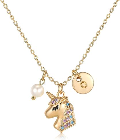 هدايا قلادة يونيكورن للفتيات. قلادة مطلية بالذهب عيار 14 قيراط مجوهرات يونيكورن A-Z قلادة من اللؤلؤ الأولي هدايا عيد ميلاد للفتيات الصغيرات والأطفال in Kuwait