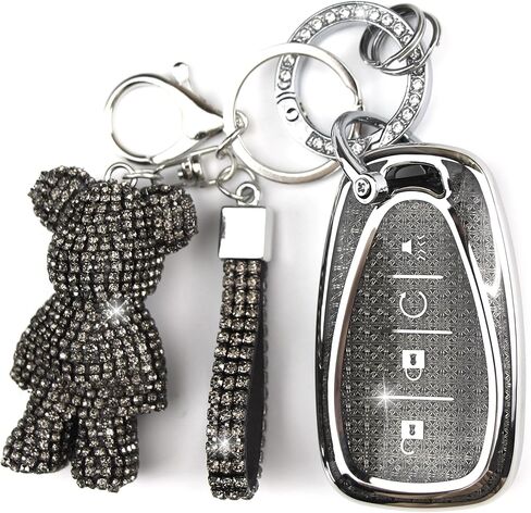 Cute Key Fob Cover with Rhinestone Bear Charm, Bling TPU Smart Key Case for Women, Compatible with Chevrolet Trailblazer Blazer Camaro Cruze Traverse ChevroletMalibu (4-Button, Silver Black) in Saudi Arabia