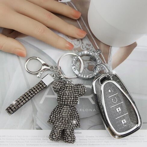 Cute Key Fob Cover with Rhinestone Bear Charm, Bling TPU Smart Key Case for Women, Compatible with Chevrolet Trailblazer Blazer Camaro Cruze Traverse ChevroletMalibu (4-Button, Silver Black) in Saudi Arabia