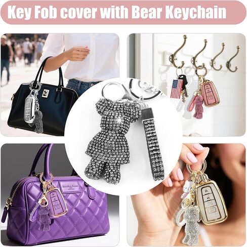 Cute Key Fob Cover with Rhinestone Bear Charm, Bling TPU Smart Key Case for Women, Compatible with Chevrolet Trailblazer Blazer Camaro Cruze Traverse ChevroletMalibu (4-Button, Silver Black) in Saudi Arabia