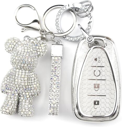 Cute Key Fob Cover with Rhinestone Bear Charm, Bling TPU Smart Key Case for Women, Compatible with Chevrolet Trailblazer Blazer Camaro Cruze Traverse ChevroletMalibu (4-Button, Silver Black) in Saudi Arabia