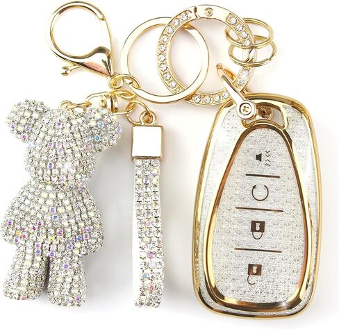 Cute Key Fob Cover with Rhinestone Bear Charm, Bling TPU Smart Key Case for Women, Compatible with Chevrolet Trailblazer Blazer Camaro Cruze Traverse ChevroletMalibu (4-Button, Silver Black) in Saudi Arabia