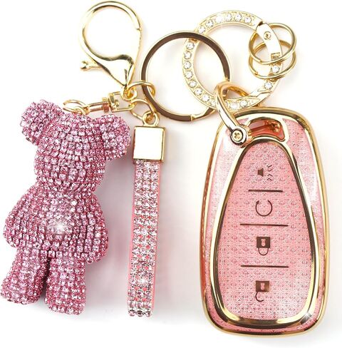 Cute Key Fob Cover with Rhinestone Bear Charm, Bling TPU Smart Key Case for Women, Compatible with Chevrolet Trailblazer Blazer Camaro Cruze Traverse ChevroletMalibu (4-Button, Silver Black) in Saudi Arabia
