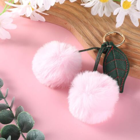 Cherry Keychain Cherry Accessories Bag Charms for Handbag Pink Pom Pom Cute Keychain Fluffy Accessories Purse Car Bag Charm for Women Girl in Kuwait