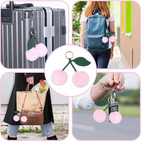 Cherry Keychain Cherry Accessories Bag Charms for Handbag Pink Pom Pom Cute Keychain Fluffy Accessories Purse Car Bag Charm for Women Girl in Kuwait