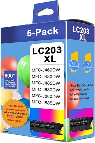 LC203 XL Ink Cartridges Black/Cyan/Magenta/Yellow (5-Pack) Compatible for Brother Printer High Yield - Replacement for Brother MFC-J460DW MFC-J480DW MFC-J485DW MFC-J880DW in Kuwait