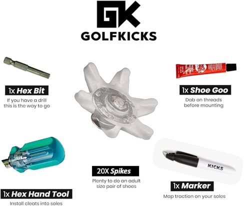 مجموعة مرابط أحذية الجولف DIY من Golfkicks - حوّل أحذيةك الرياضية إلى أحذية جولف - هدية ممتعة - مرابط متوافقة مع أحذية النعل المطاطي المسطح - تتضمن 20 مسمار جولف لأي حذاء وأدوات تثبيت in Saudi Arabia