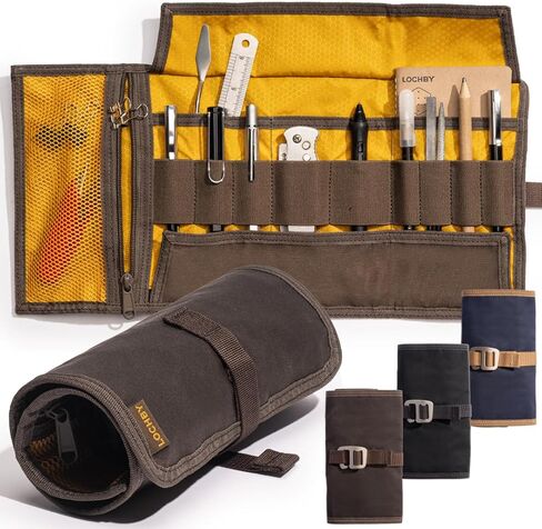 Art & Electronic Organizer | EDC Roll-Up Tool Bag for Pen Lovers & Tech | Multi-Pocket with Elastic Loops for Pens, Cables, External Hard Drives | Stylish Waxed Canvas & Durable Aluminum Hooks in Kuwait
