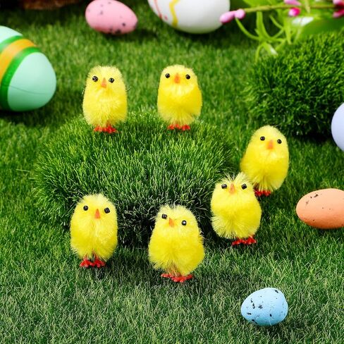 6pcs Mini Easter Chicks, 1.38 Inches High Yellow Tiny Fluffy Chenille Chicks Stuffed Animal Ornaments for Easter Party Favors, Egg Bonnet Decoration in Saudi Arabia