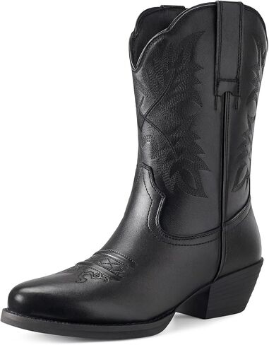 أحذية رعاة البقر الجلدية من رولدا للنساء، أحذية نسائية من الجلد الأصلي غربية متوسطة الساق مع تطريز، أحذية راعية البقر بمقدمة مستديرة وكعب كوبي سهل الارتداء in Kuwait