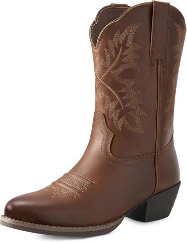 Rollda Leather Cowboy Boots for Women, Genuine Leather Womens Western Boots Mid Calf with Embroidery, Cowgirl Boots Round Toe Cuban Heel Pull On in Saudi Arabia
