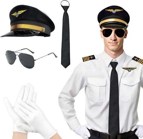 Pilot Costume for Men Airplane Captain's Long Sleeve Shirt Suit with Hat Sunglasses Tie Gloves Aviator in Kuwait