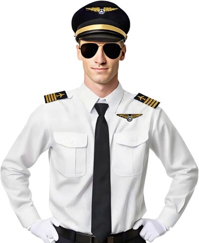 Pilot Costume for Men Airplane Captain's Long Sleeve Shirt Suit with Hat Sunglasses Tie Gloves Aviator in Kuwait