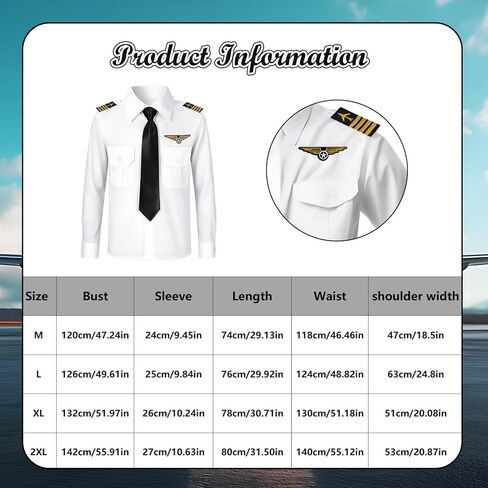 Pilot Costume for Men Airplane Captain's Long Sleeve Shirt Suit with Hat Sunglasses Tie Gloves Aviator in Kuwait