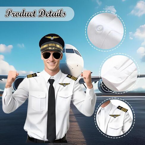 Pilot Costume for Men Airplane Captain's Long Sleeve Shirt Suit with Hat Sunglasses Tie Gloves Aviator in Kuwait