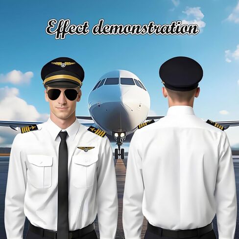 Pilot Costume for Men Airplane Captain's Long Sleeve Shirt Suit with Hat Sunglasses Tie Gloves Aviator in Kuwait