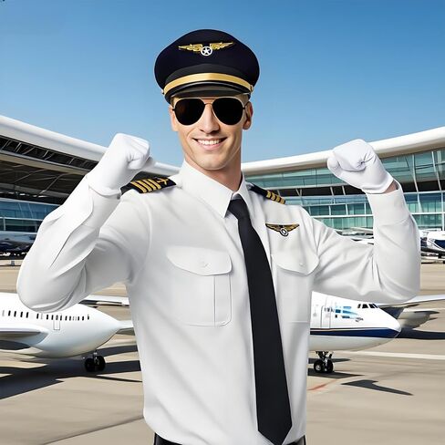 Pilot Costume for Men Airplane Captain's Long Sleeve Shirt Suit with Hat Sunglasses Tie Gloves Aviator in Kuwait
