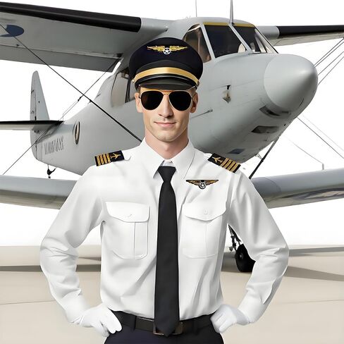 Pilot Costume for Men Airplane Captain's Long Sleeve Shirt Suit with Hat Sunglasses Tie Gloves Aviator in Kuwait