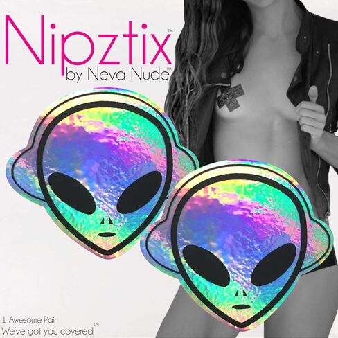 Neva Nude Kanye The Raver Alien Rainbow Holographic Nipztix Pasties Nipple Covers for Festivals, Raves, Parties, Lingerie and More, Medical Grade Adhesive, Waterproof and Sweatproof, Made in USA in Saudi Arabia