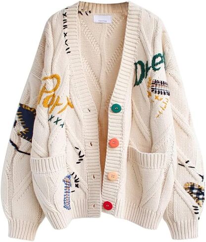 Women's Cute Cable Knit Embroidered Cardigan Sweater Kawaii Long Sleeve Button Open Front Sweater Coat Outwear in Saudi Arabia