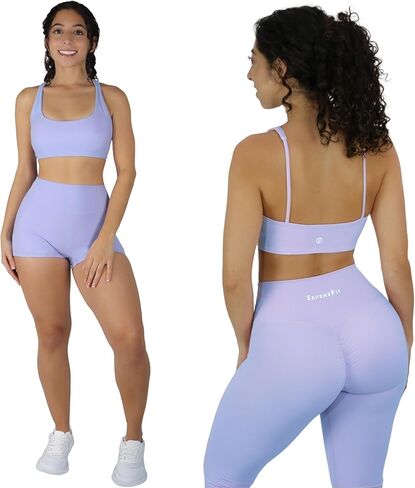 Workout Sets for Women 3 Piece Seamless High Waisted Scrunch Leggings Shorts Strappy Sports Bra Gym Activewear Fitness Set in Saudi Arabia
