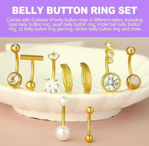 9 Pcs 14g Surgical Steel Belly Button Rings Navel Piercing Jewelry for Women Gold Silver CZ Opal Pearl Clicker Ring Set in Kuwait