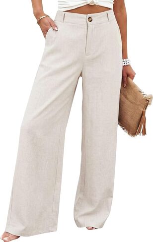 Hooever Womens Cotton Linen Pants Casual Button Up High Waisted Wide Leg Trousers in Kuwait