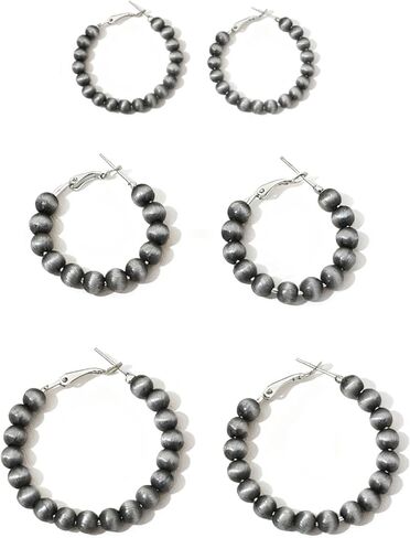 3 Pairs Navajo Pearl Hoop Earrings, Western Cowgirl Jewelry for Women, Vintage Beaded Hoops Navajo Pearl Earrings with 3 Sizes, Country Concert Gifts for Women in Kuwait