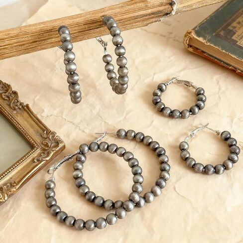 3 Pairs Navajo Pearl Hoop Earrings, Western Cowgirl Jewelry for Women, Vintage Beaded Hoops Navajo Pearl Earrings with 3 Sizes, Country Concert Gifts for Women in Kuwait