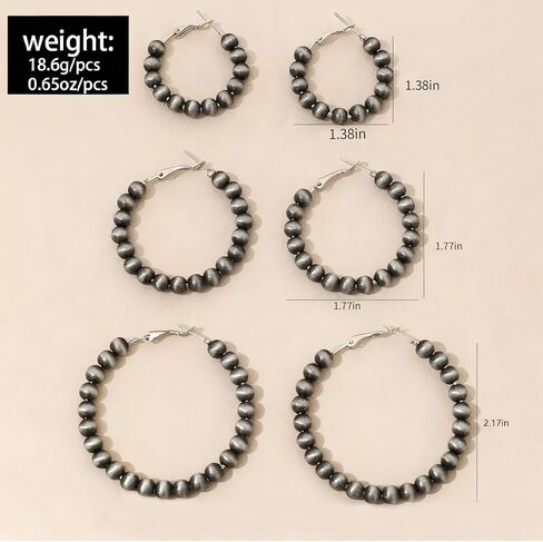 3 Pairs Navajo Pearl Hoop Earrings, Western Cowgirl Jewelry for Women, Vintage Beaded Hoops Navajo Pearl Earrings with 3 Sizes, Country Concert Gifts for Women in Kuwait