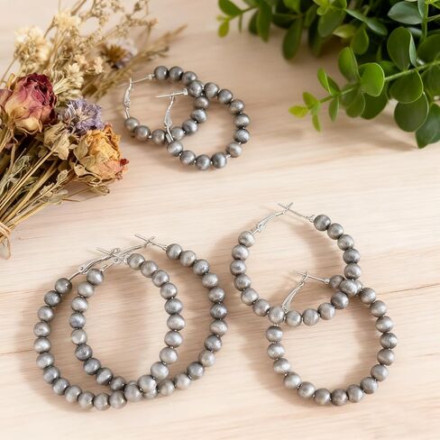 3 Pairs Navajo Pearl Hoop Earrings, Western Cowgirl Jewelry for Women, Vintage Beaded Hoops Navajo Pearl Earrings with 3 Sizes, Country Concert Gifts for Women in Kuwait