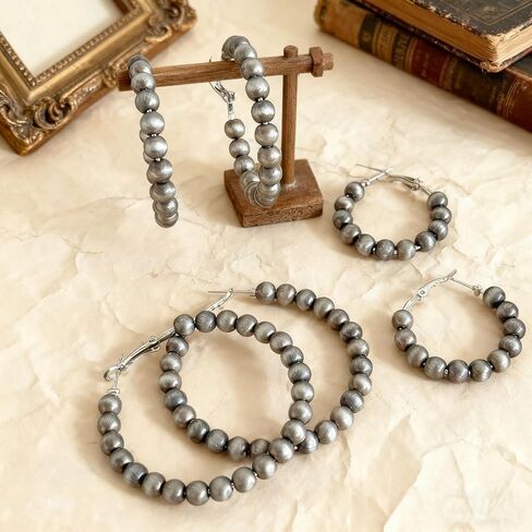 3 Pairs Navajo Pearl Hoop Earrings, Western Cowgirl Jewelry for Women, Vintage Beaded Hoops Navajo Pearl Earrings with 3 Sizes, Country Concert Gifts for Women in Kuwait