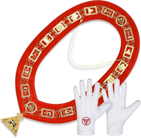 مجموعة قفازات وقفازات وياقة سلسلة ماسونية من Royal Arch - شعارات ماسونية مخملية حمراء مع سلسلة معدنية مطلية بالذهب وقفازات مطرزة ثلاثية التاو in Saudi Arabia