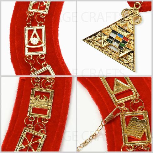 مجموعة قفازات وقفازات وياقة سلسلة ماسونية من Royal Arch - شعارات ماسونية مخملية حمراء مع سلسلة معدنية مطلية بالذهب وقفازات مطرزة ثلاثية التاو in Saudi Arabia