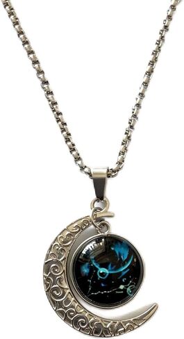 Stainless Steel Mens Necklace 12 Zodiac Moon Galaxy Pendant Necklace,22.8 Inch Stainless Steel Chain, 1.13 Inch Aries/Pisces Celestial Crescent Moon Star Sign Charm Jewelry in Saudi Arabia